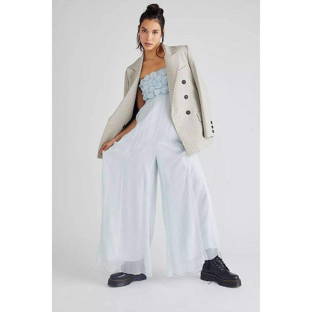 New Free People Rosa Strapless Floral Wide Leg Jumpsuit $350 LARGE Misty Blue